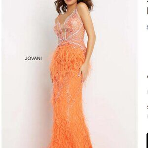 Jovani - 03023 Orange - Sheer Bodice Beaded Feather Mermaid Evening Gown